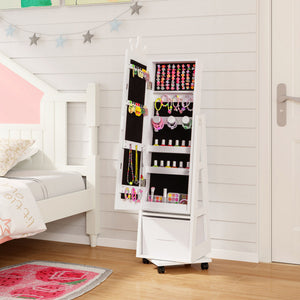 Kids Jewelry Armoire with Swivel Base and Lockable Wheels – Adjustable Storage Cabinet