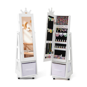 Kids Jewelry Armoire with Swivel Base and Lockable Wheels – Adjustable Storage Cabinet
