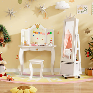 Kids Jewelry Armoire with Swivel Base and Lockable Wheels – Adjustable Storage Cabinet