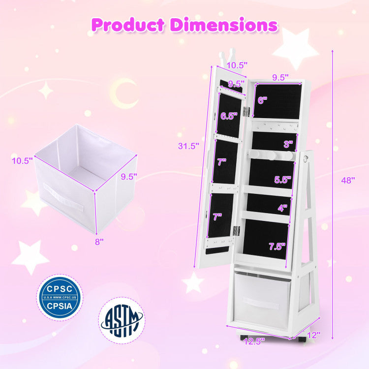 Kids Jewelry Armoire with Swivel Base and Lockable Wheels – Adjustable Storage Cabinet