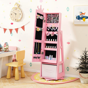 Freestanding Kids Jewelry Armoire Cabinet with Large Storage & 360° Swivel Base
