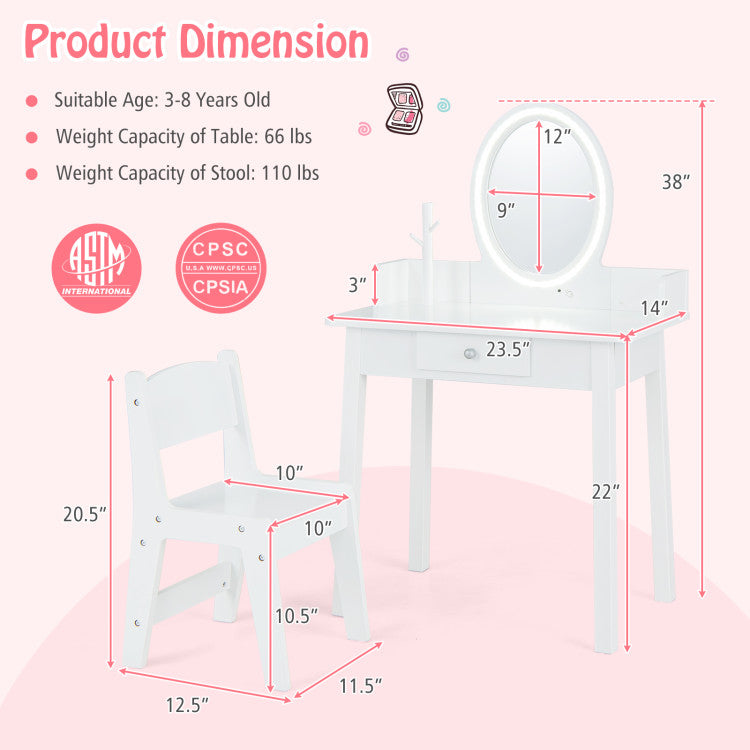Kids Vanity Set with Lighted Mirror – Dressing Table with Storage & Chair