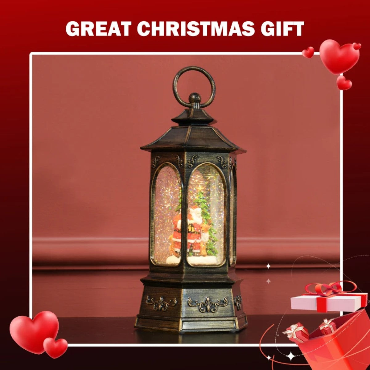 Musical Christmas Snow Globe Lantern - Battery Operated Lighted Glitter Globe, Bronze