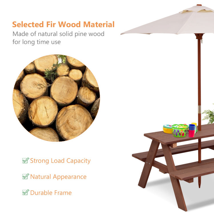 Outdoor 4-Seat Kids Picnic Table Set with Removable Umbrella for Kids and Family