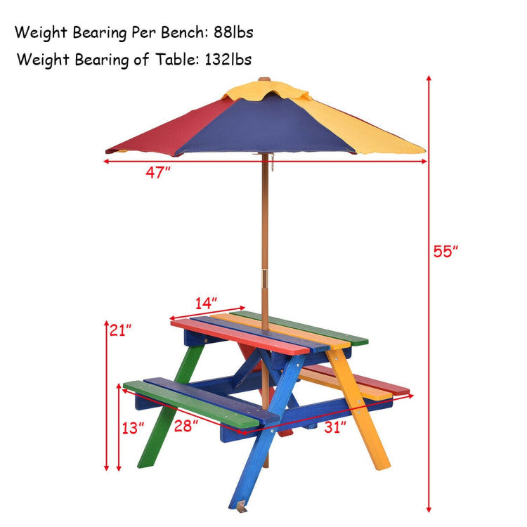 Outdoor 4-Seat Kids Picnic Table Set with Removable Umbrella for Kids and Family