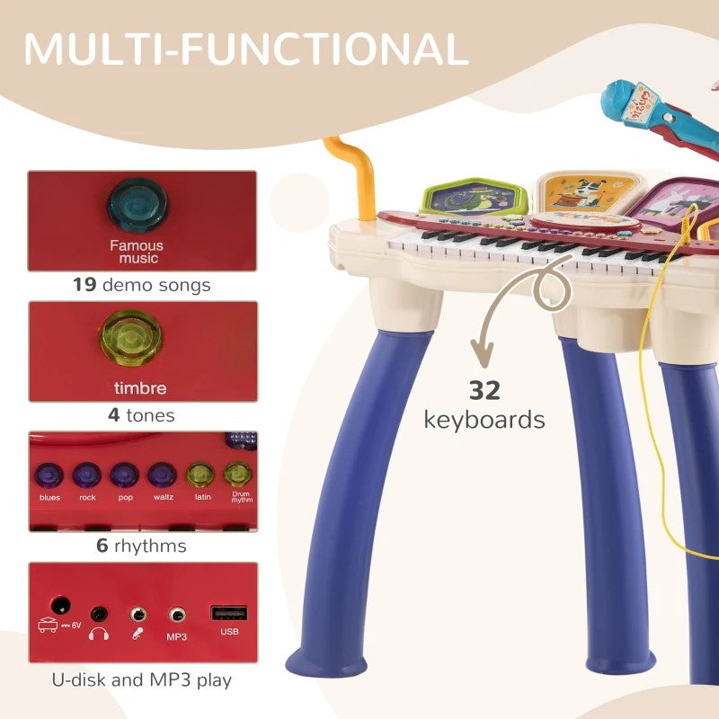 Qaba 2-in-1 Kids Piano Keyboard & Drum Set with Sounds, Lights, Microphone, and Stool