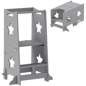 Qaba 2-in-1 Toddler Kitchen Tower with Safety Rail, Step Stool to Table and Chair for Bathroom, Sink, Counter, and Kitchen Use