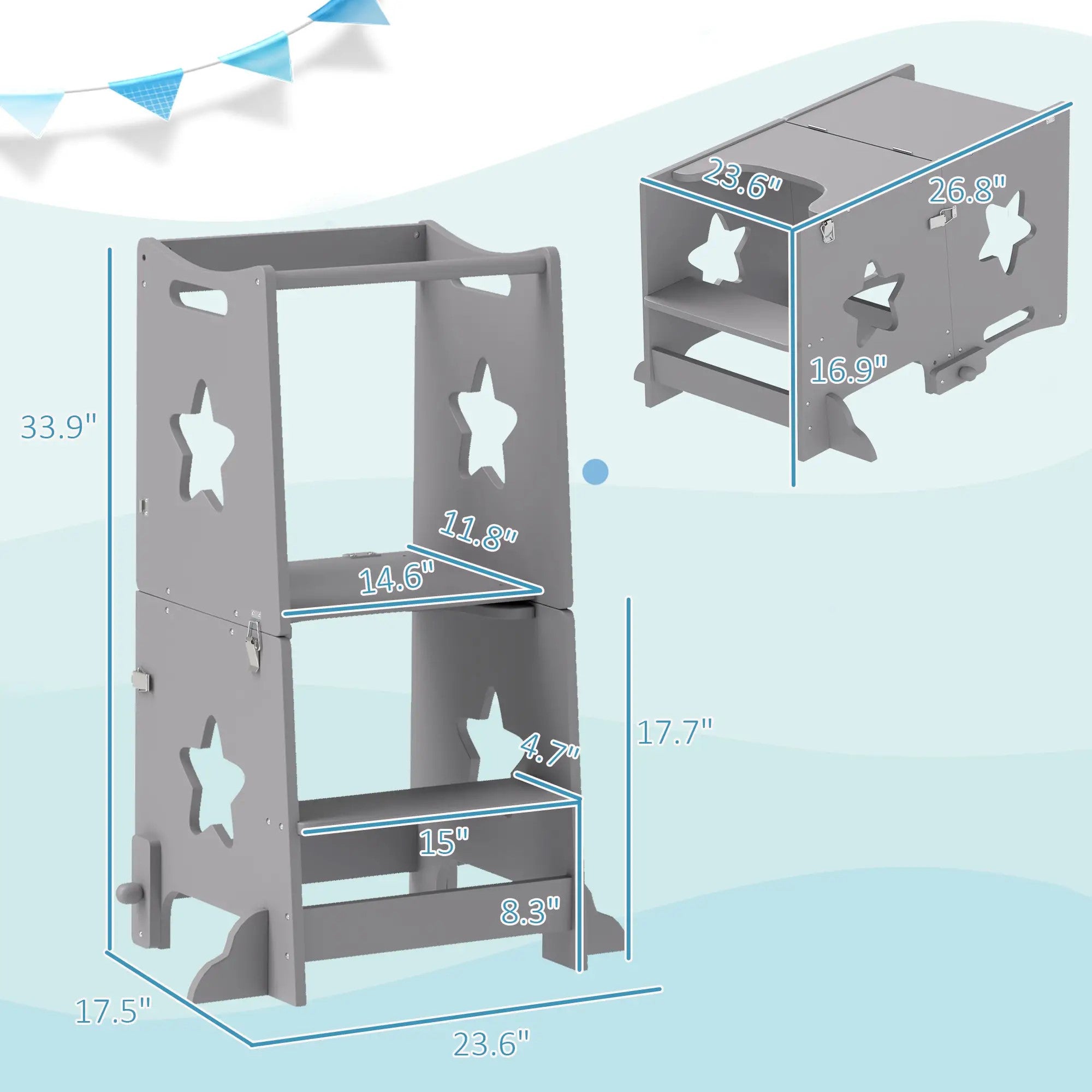 Qaba 2-in-1 Toddler Kitchen Tower with Safety Rail, Step Stool to Table and Chair for Bathroom, Sink, Counter, and Kitchen Use