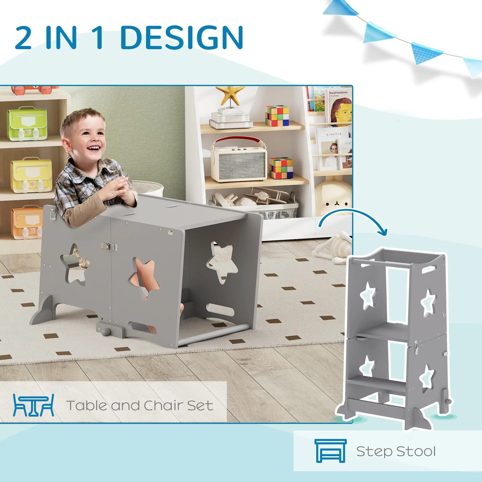 Qaba 2-in-1 Toddler Kitchen Tower with Safety Rail, Step Stool to Table and Chair for Bathroom, Sink, Counter, and Kitchen Use
