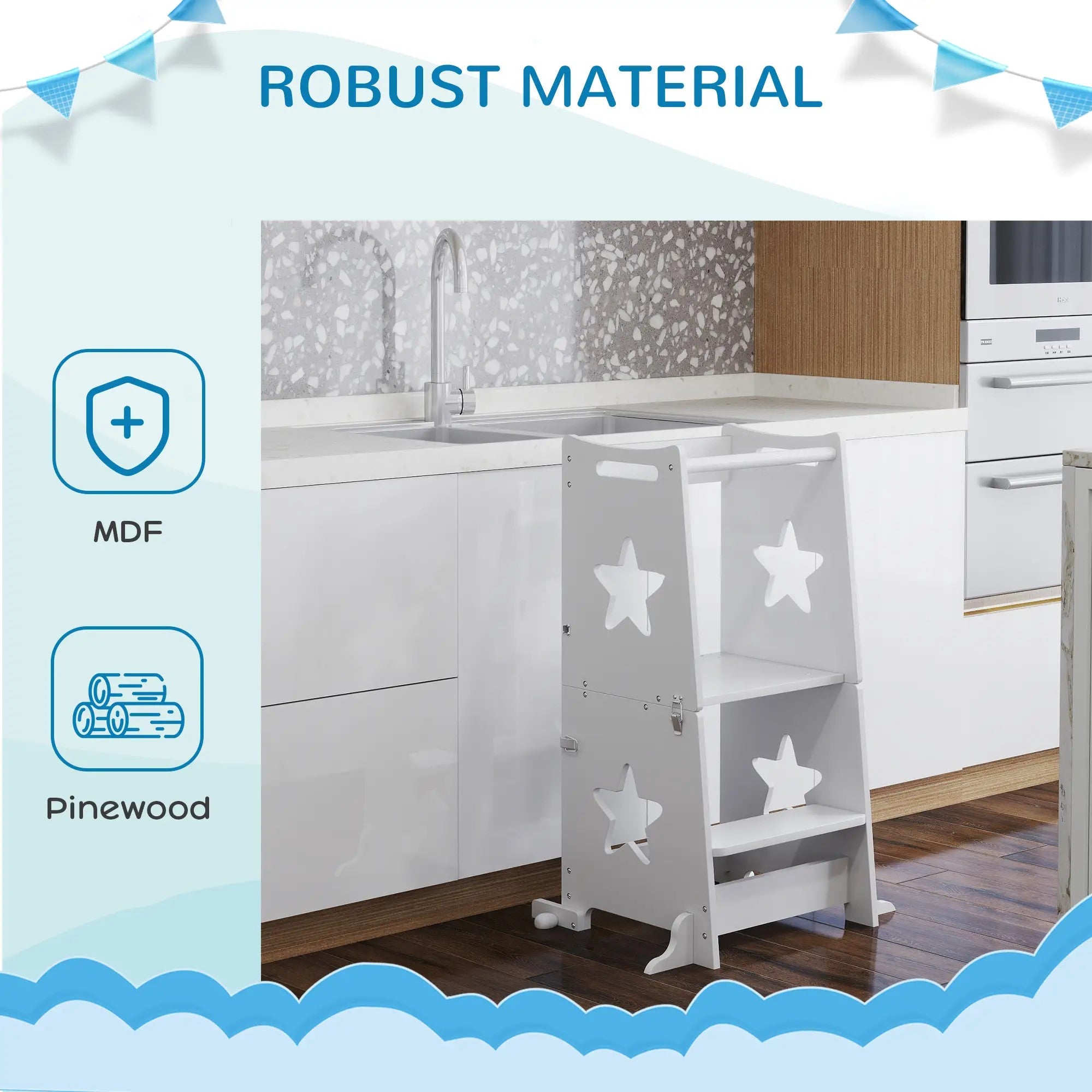 Qaba 2-in-1 Toddler Kitchen Tower with Safety Rail, Step Stool to Table and Chair for Bathroom, Sink, Counter, and Kitchen Use