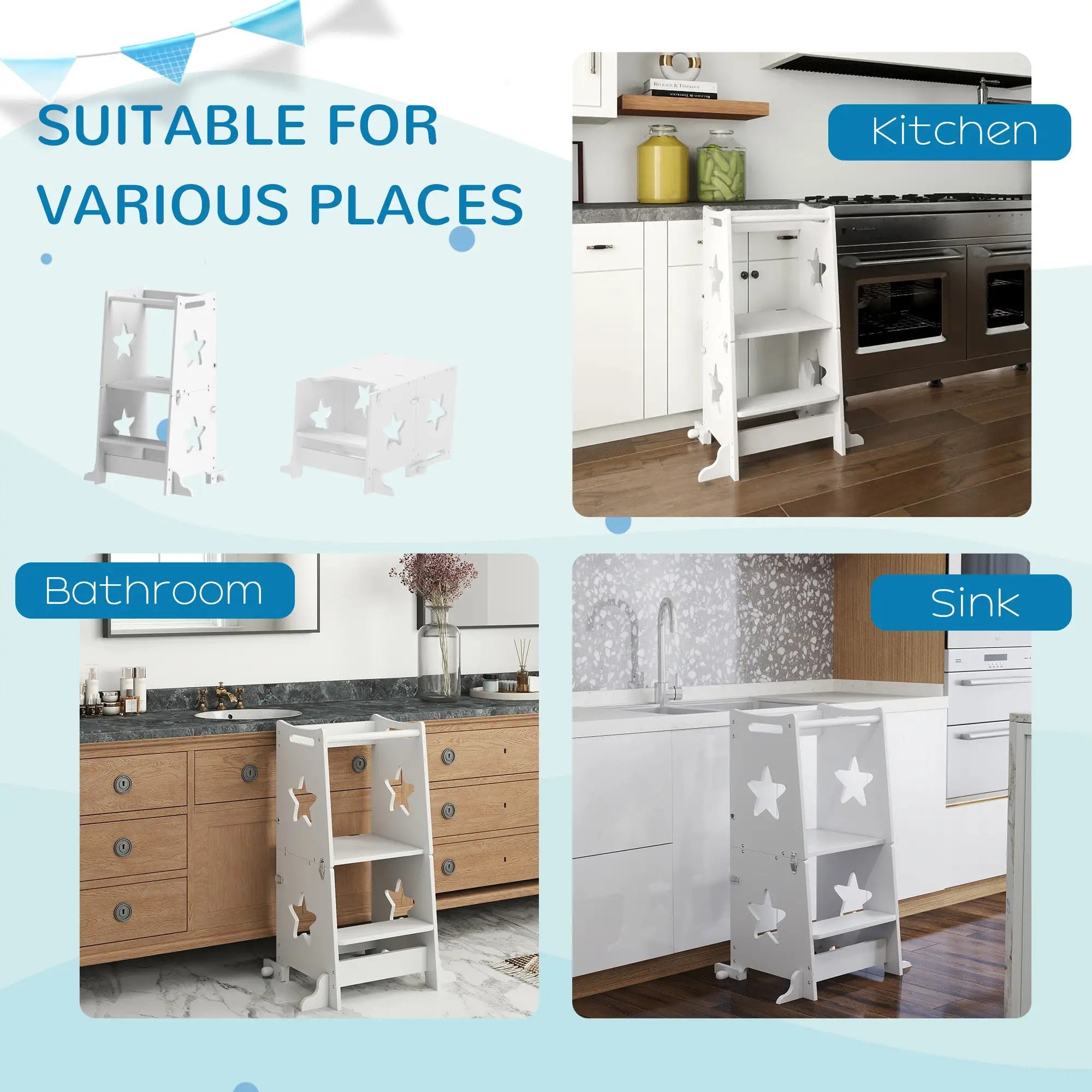 Qaba 2-in-1 Toddler Kitchen Tower with Safety Rail, Step Stool to Table and Chair for Bathroom, Sink, Counter, and Kitchen Use