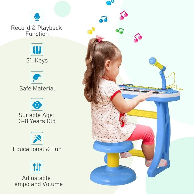 Qaba 31-Key Kids Toy Keyboard Piano with Stool, Microphone, Lights & Multiple Sounds