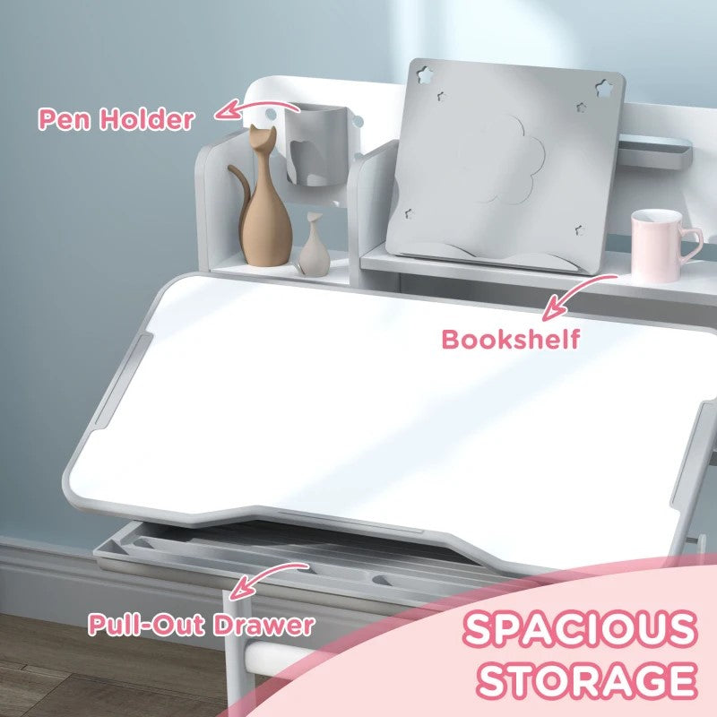 Qaba Height Adjustable Kids Desk & Chair Set with Tilt Desktop, Storage Drawer, Reading Rack