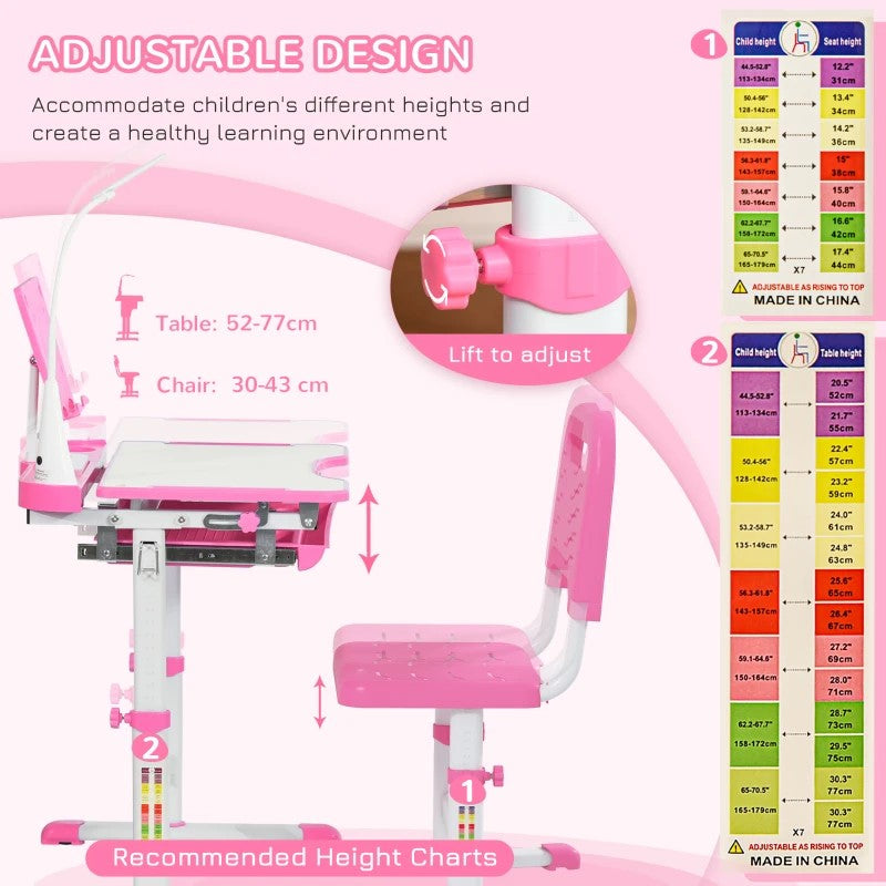 Qaba Kids Desk and Chair Set with USB Light, Storage Drawer, Pink - Ideal for Study