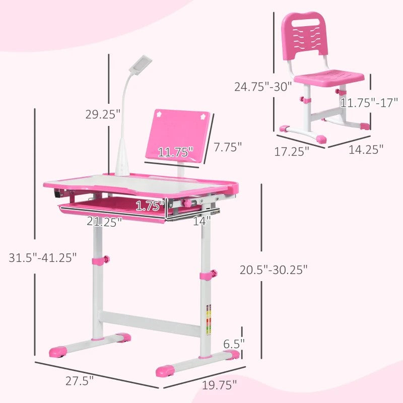 Qaba Kids Desk and Chair Set with USB Light, Storage Drawer, Pink - Ideal for Study