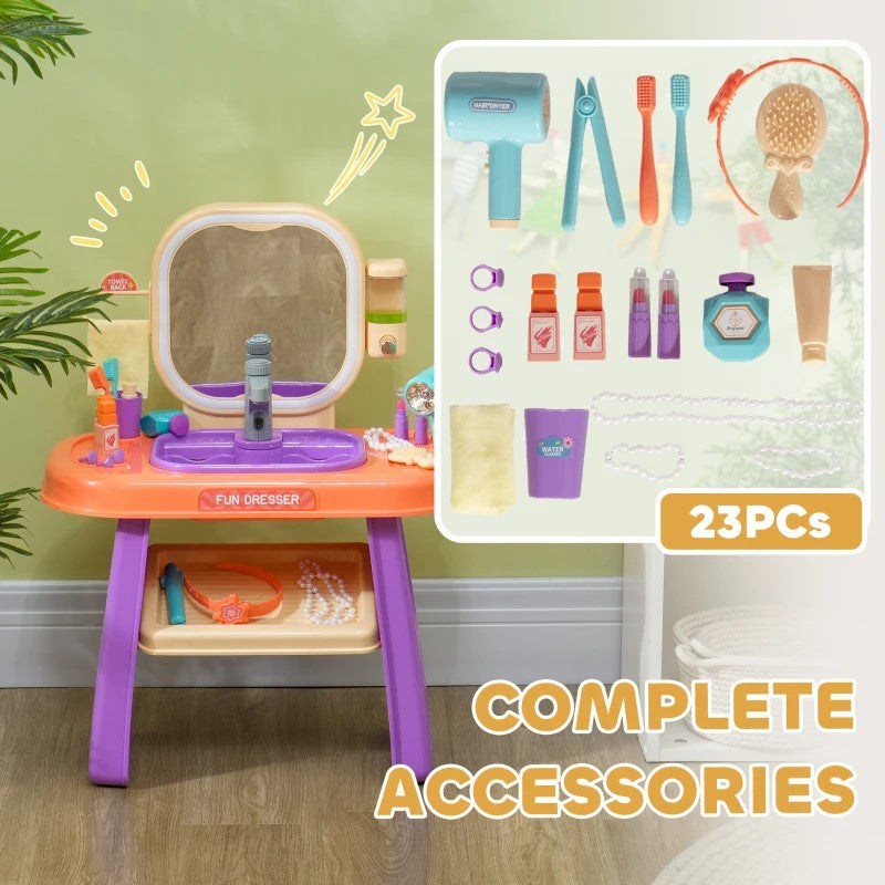 Qaba Kids Vanity Set with Mirror, LED Light, Music & 23 Accessories – Pretend Play for Girls