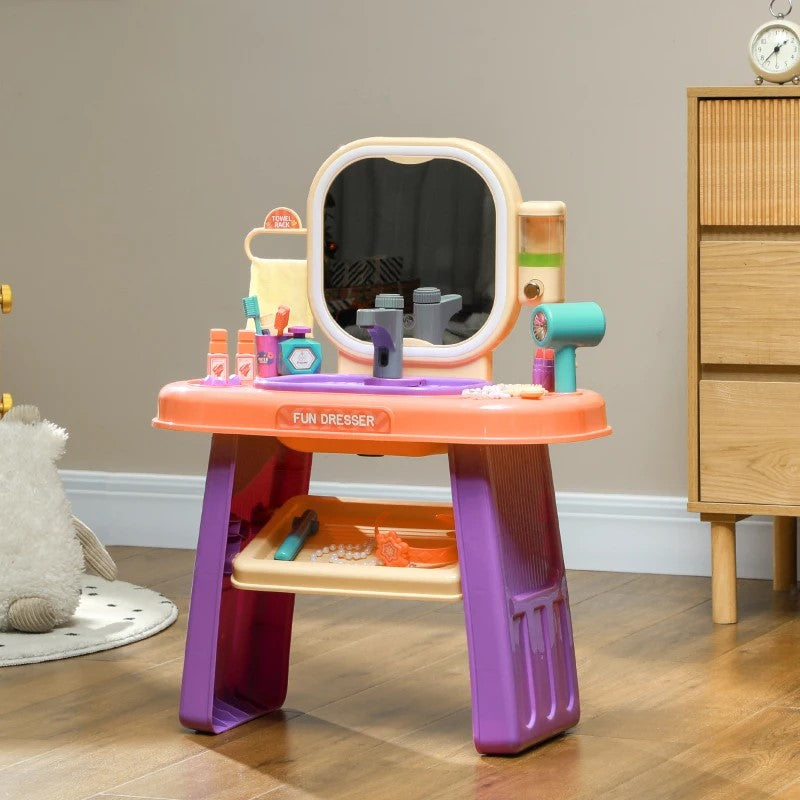 Qaba Kids Vanity Set with Mirror, LED Light, Music & 23 Accessories – Pretend Play for Girls