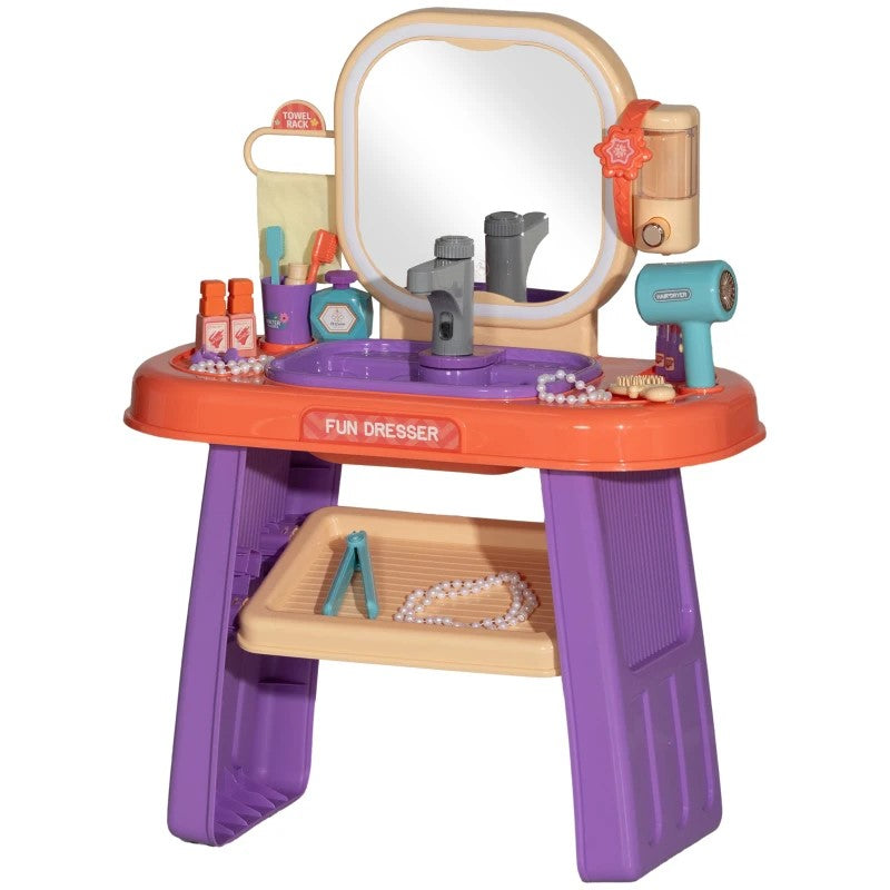 Qaba Kids Vanity Set with Mirror, LED Light, Music & 23 Accessories – Pretend Play for Girls