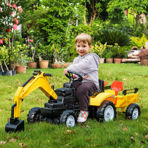 Kids pedal-powered ride-on tractor style digger with horn