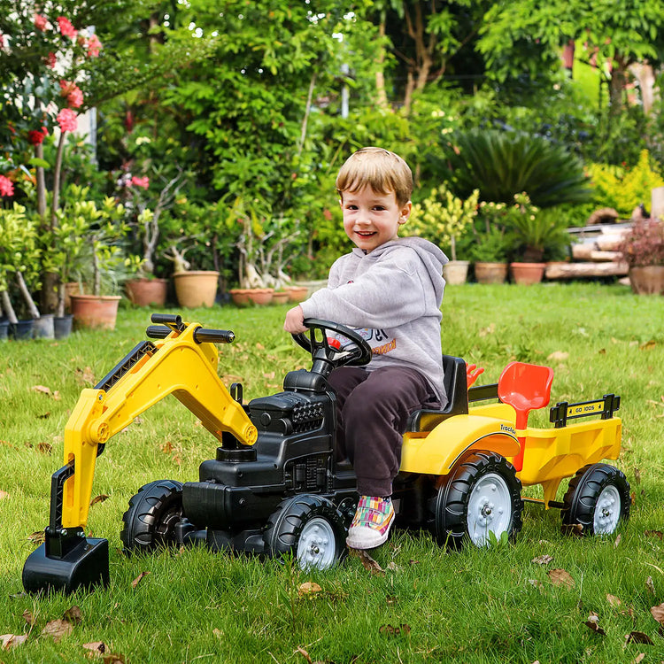 Kids pedal-powered ride-on tractor style digger with horn