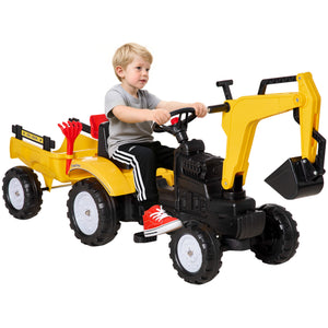 Yellow Aosom digger ride-on tractor for toddlers with trailer