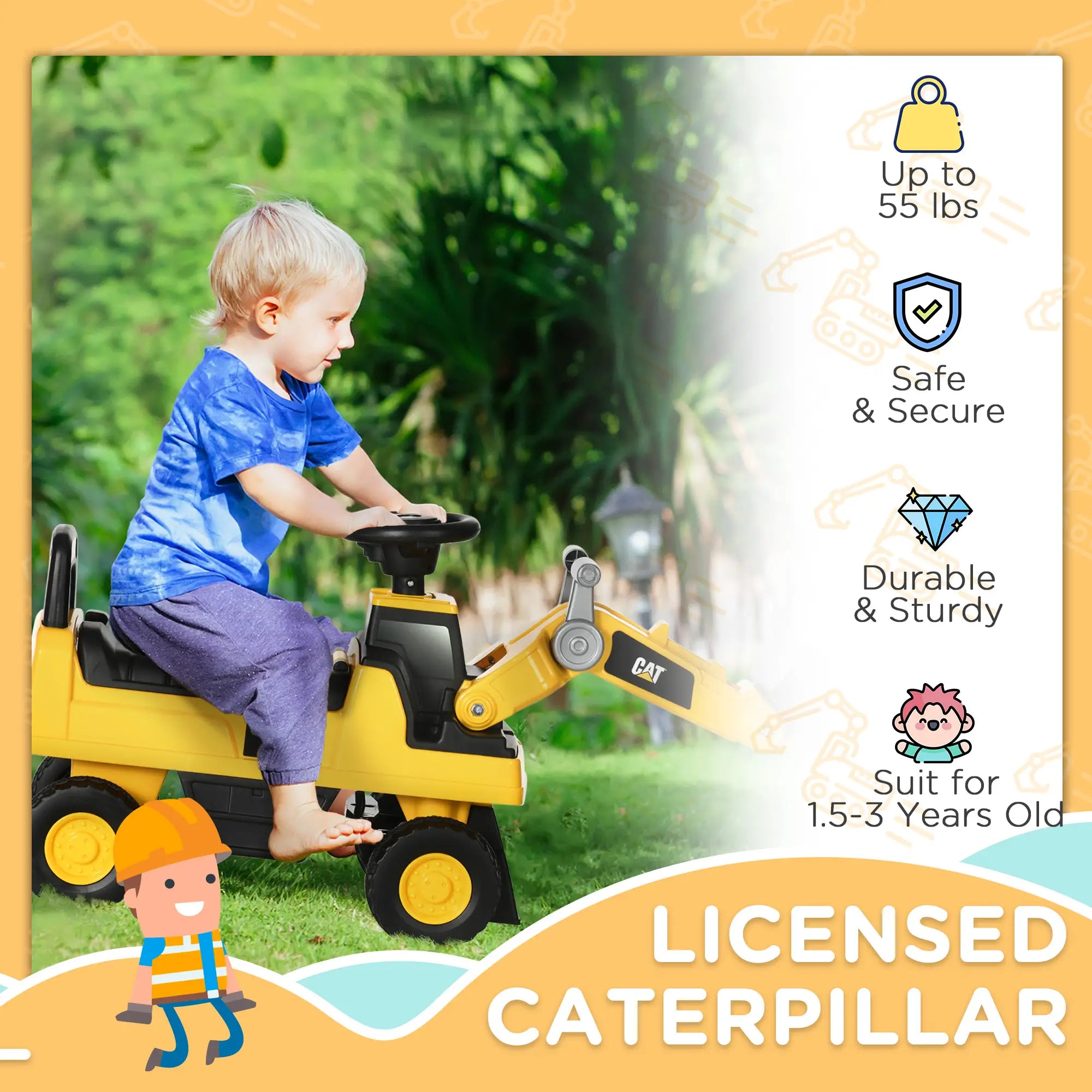 Construction ride-on tractor excavator toy for boys ages