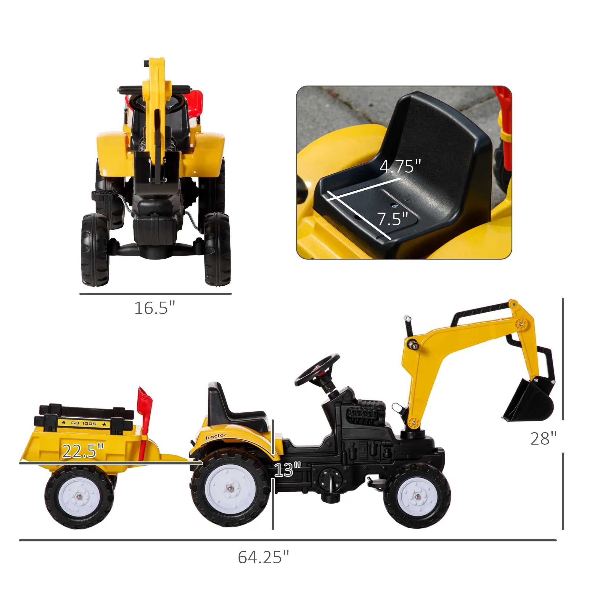 Ride-on tractor digger toy for boys ages 4-7 with trailer