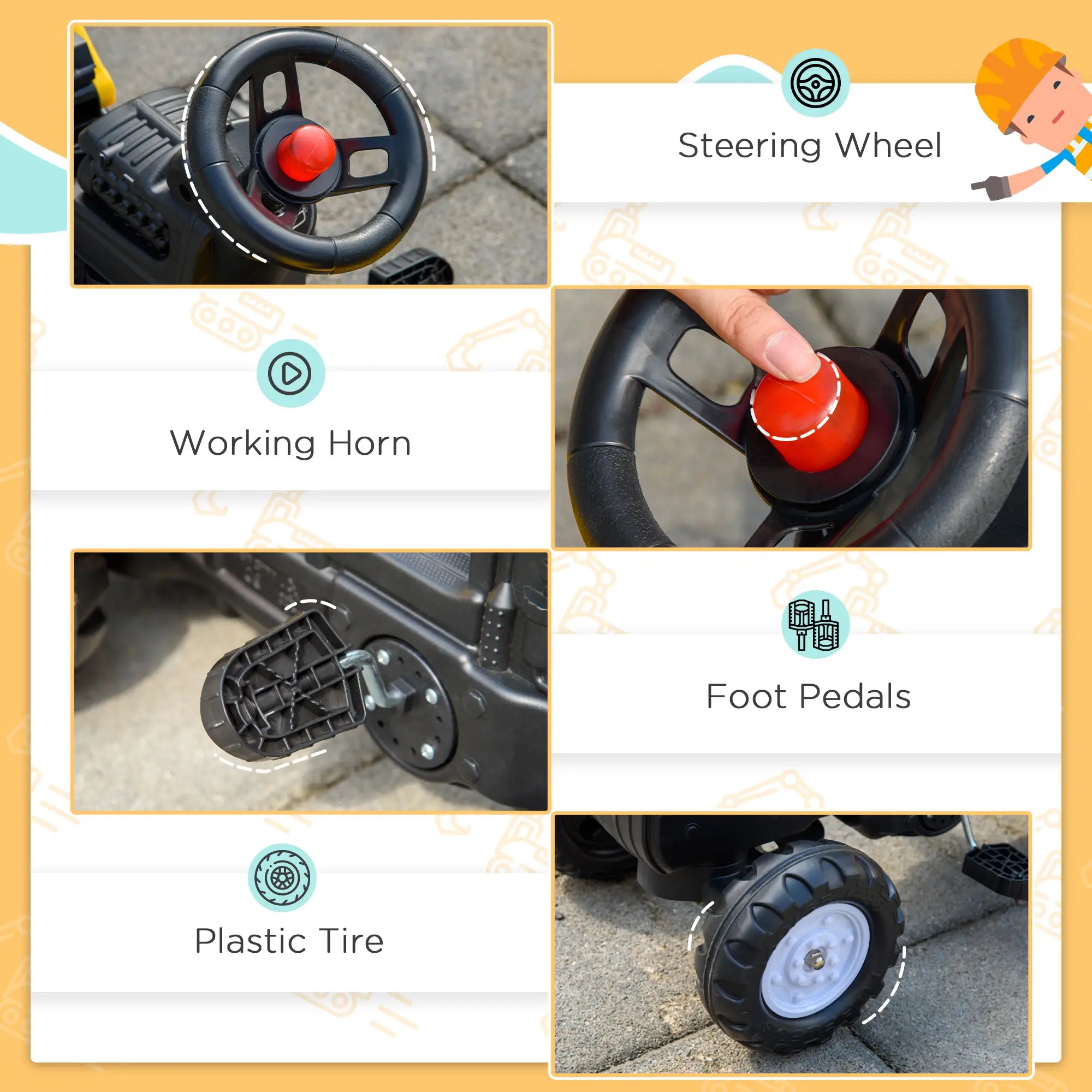 Pedal-powered construction ride-on tractor for kids 4-8