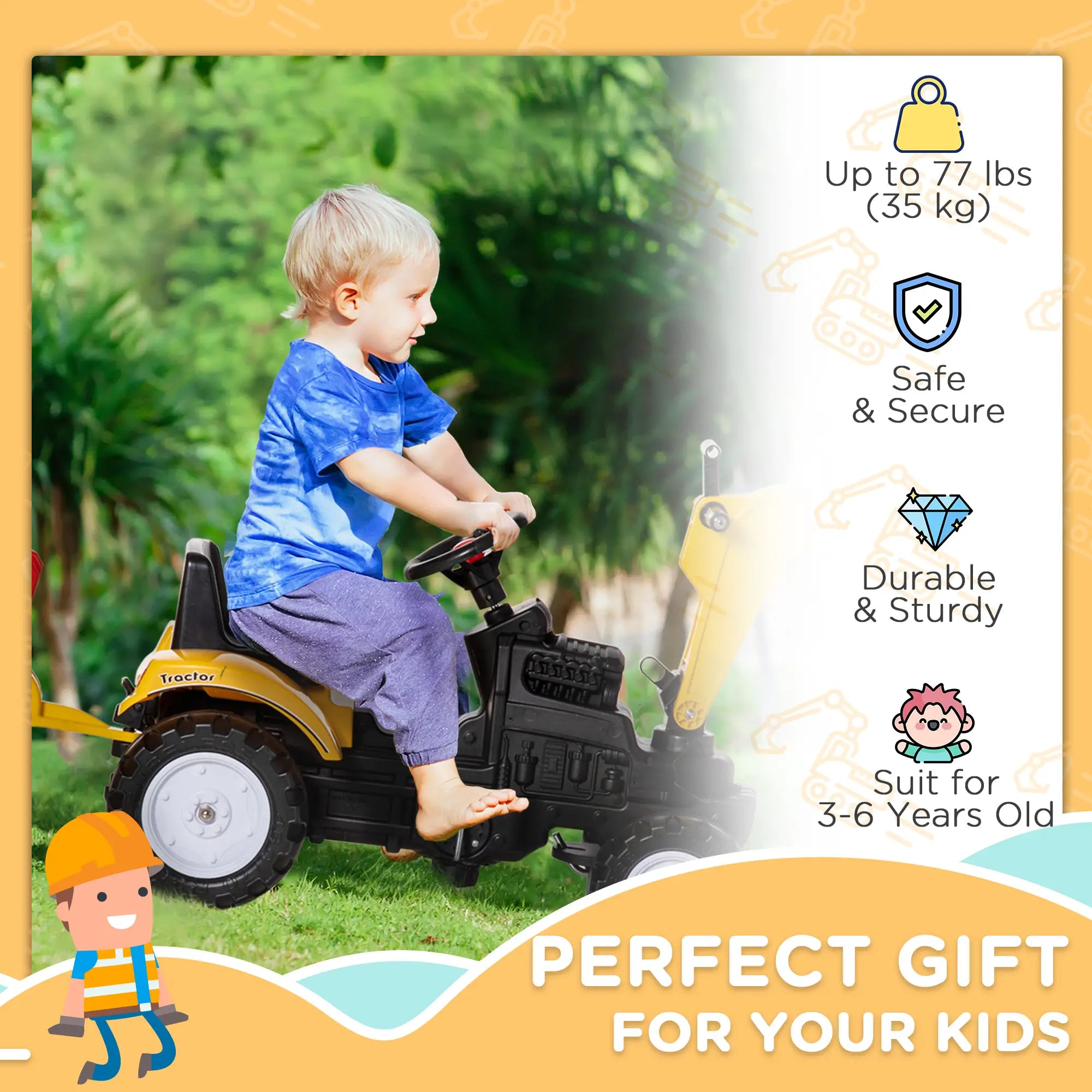 Excavator ride-on tractor toy for kids ages 4-8