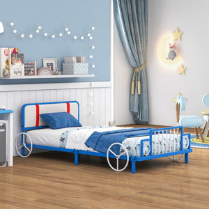 Twin Size Car Shaped Kids Bed Frame – Metal Platform Bed with Upholstered Headboard