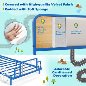 Twin Size Car Shaped Kids Bed Frame – Metal Platform Bed with Upholstered Headboard
