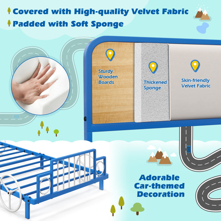 Twin Size Car Shaped Kids Bed Frame – Metal Platform Bed with Upholstered Headboard