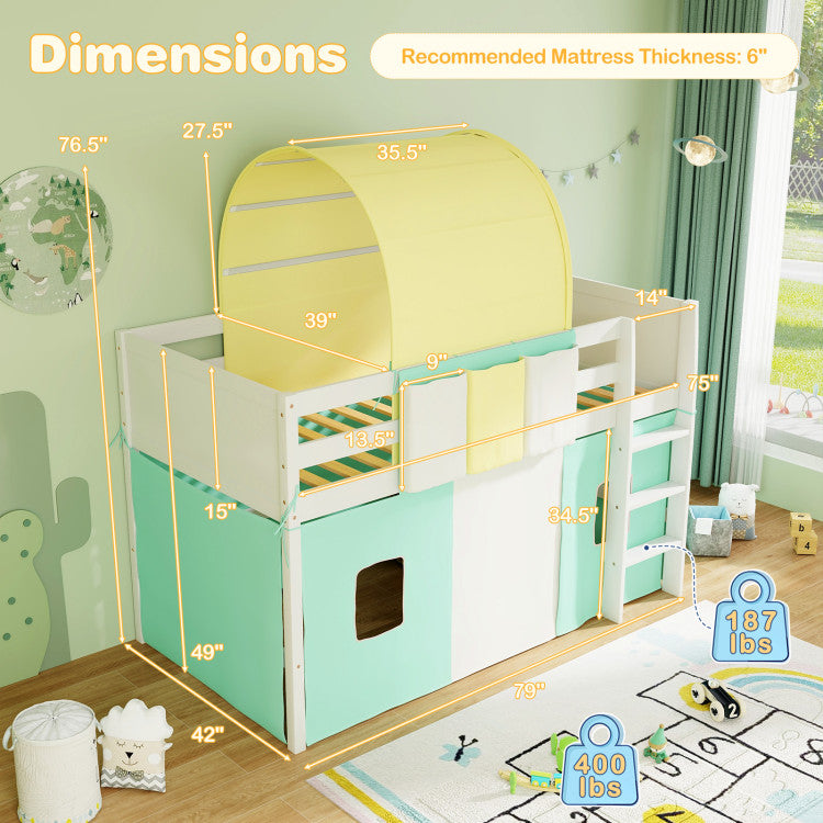 Twin Size Loft Playhouse Bed Frame with Tower Tent and 3 Storage Pockets for Kids
