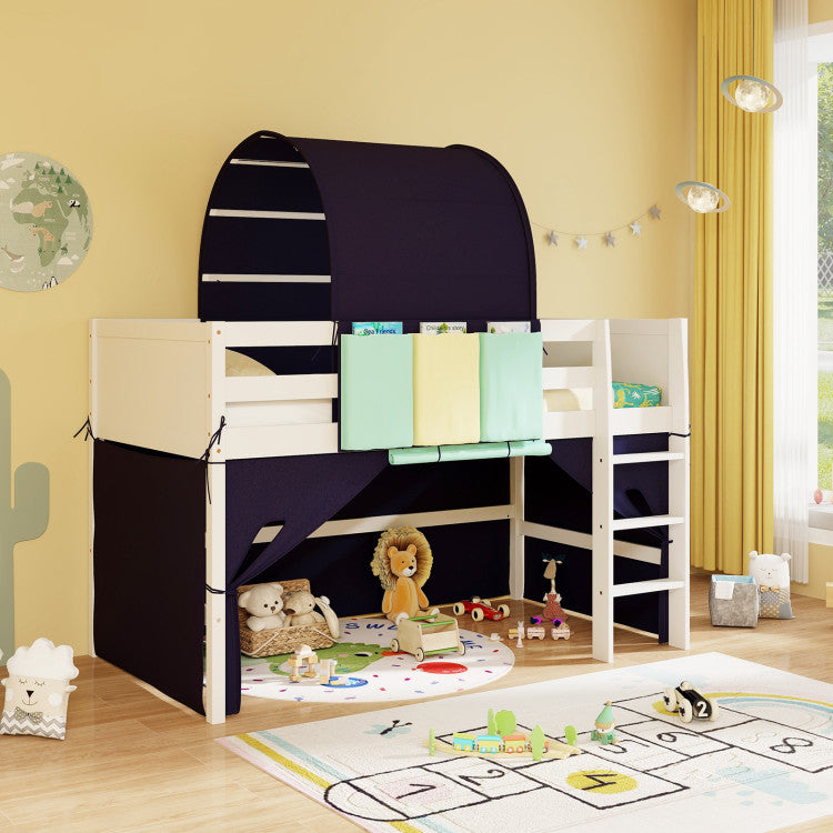 Twin Size Loft Playhouse Bed Frame with Tower Tent and 3 Storage Pockets for Kids
