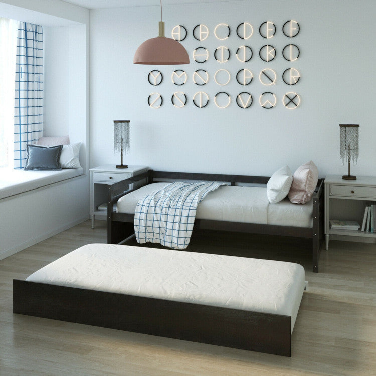 Twin Size Trundle Platform Bed Frame with Wooden Slats for Added Support