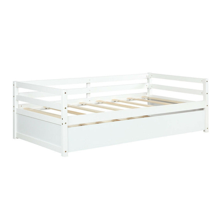 Twin Size Trundle Platform Bed Frame with Wooden Slats for Added Support