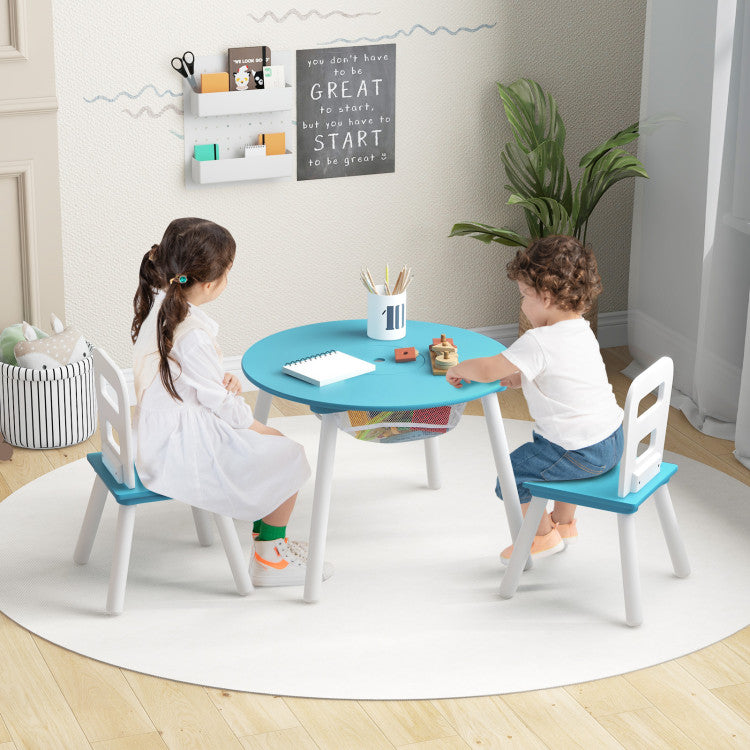 Wood Activity Table and Chair Set for Kids with Central Mesh Storage