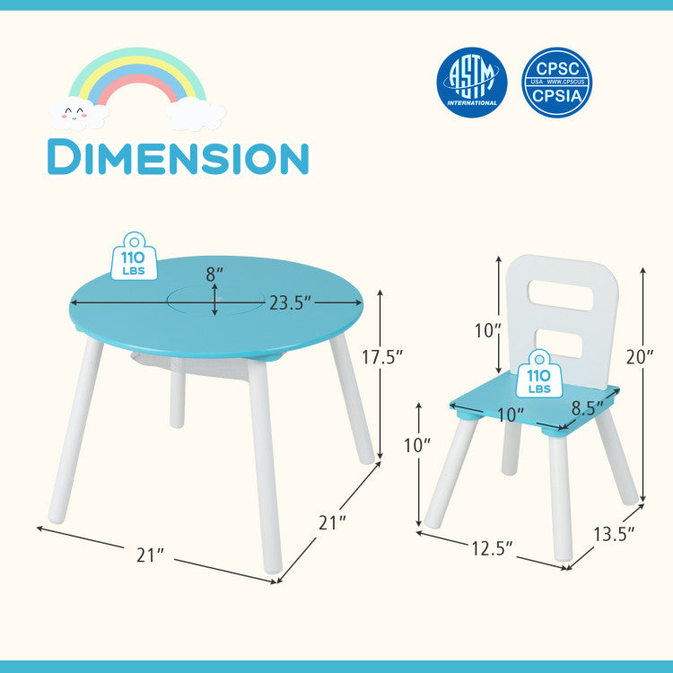 Wood Activity Table and Chair Set for Kids with Central Mesh Storage