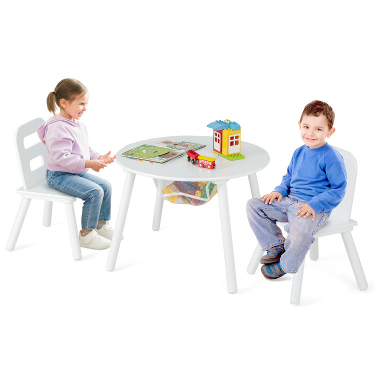 Wood Activity Table and Chair Set for Kids with Central Mesh Storage
