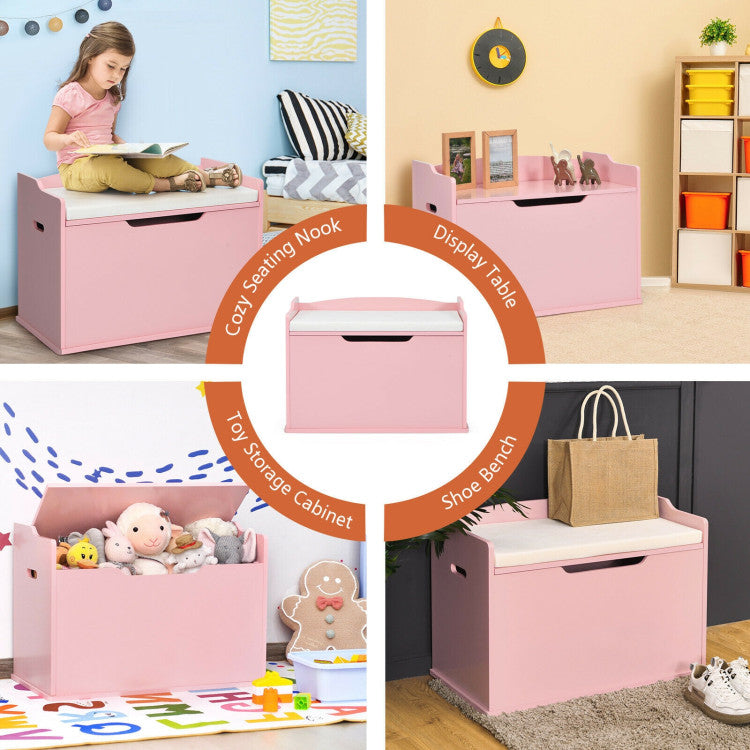 Wooden Kids Toy Storage Box Organizer Chest Bench with Flip-Top Lid, Cushion & Safety Hinge
