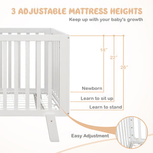 Adjustable Rubber Wood Baby Crib with Multiple Mattress Heights and Safety Guardrails