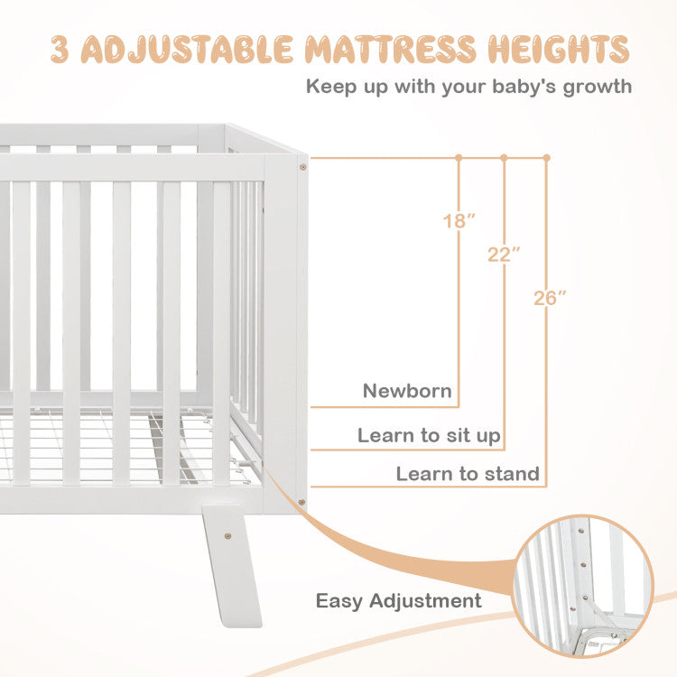 Adjustable Rubber Wood Baby Crib with Multiple Mattress Heights and Safety Guardrails