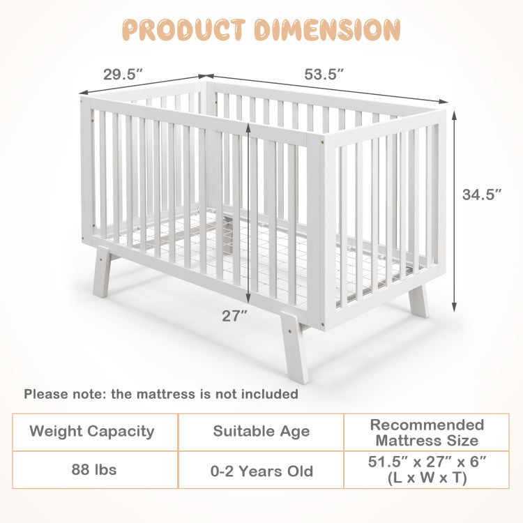 Adjustable Rubber Wood Baby Crib with Multiple Mattress Heights and Safety Guardrails