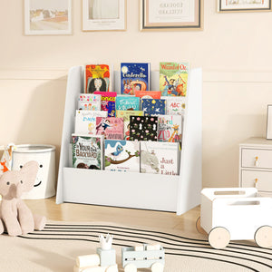 Baby nursery with a 4-tier bookshelf used for baby storage.