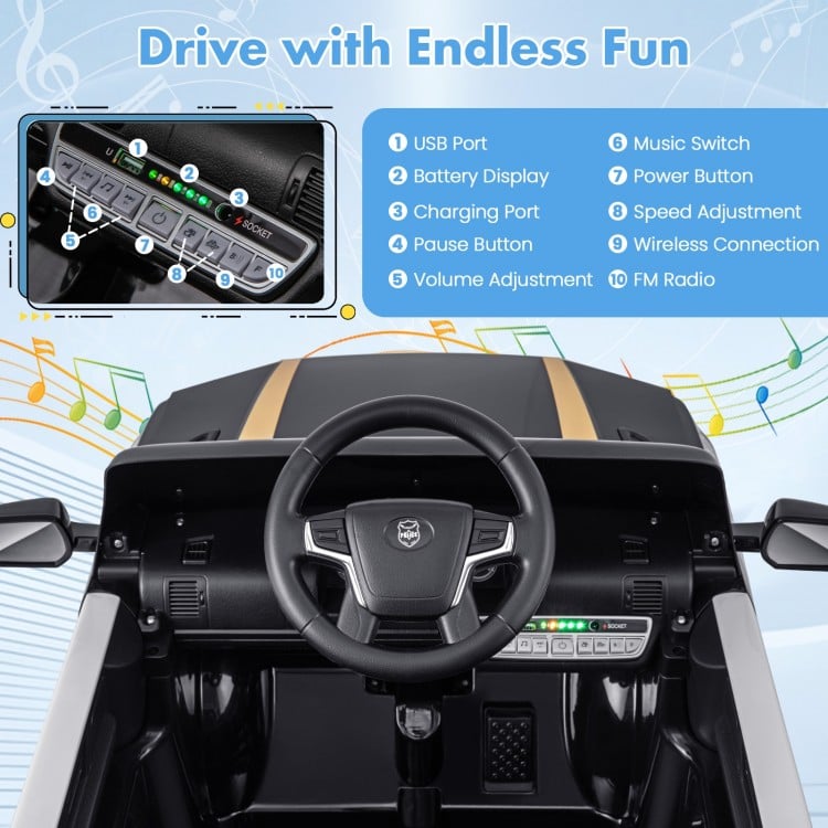 Child driving black 12V police car on paved surface