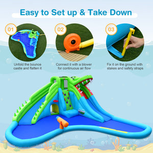 Bounce house includes long hose for easy water access