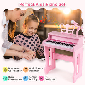 Child happily playing 37 key piano keyboard with sing-along microphone
