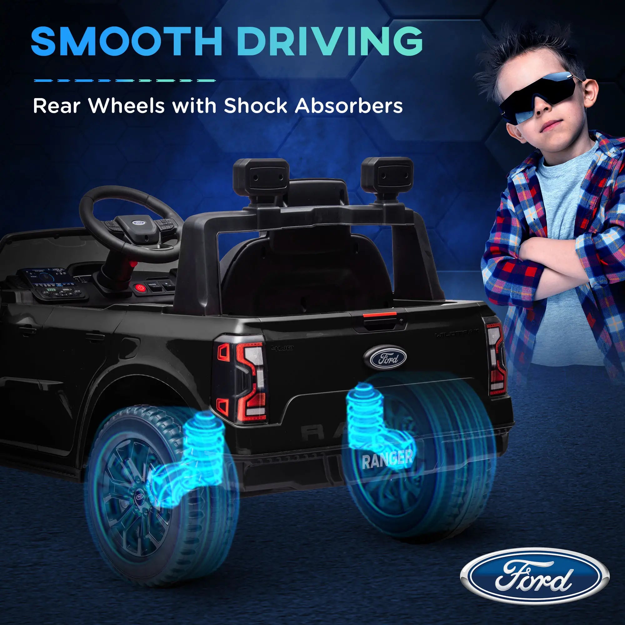 Child enjoying ride in 12V battery-powered toy truck