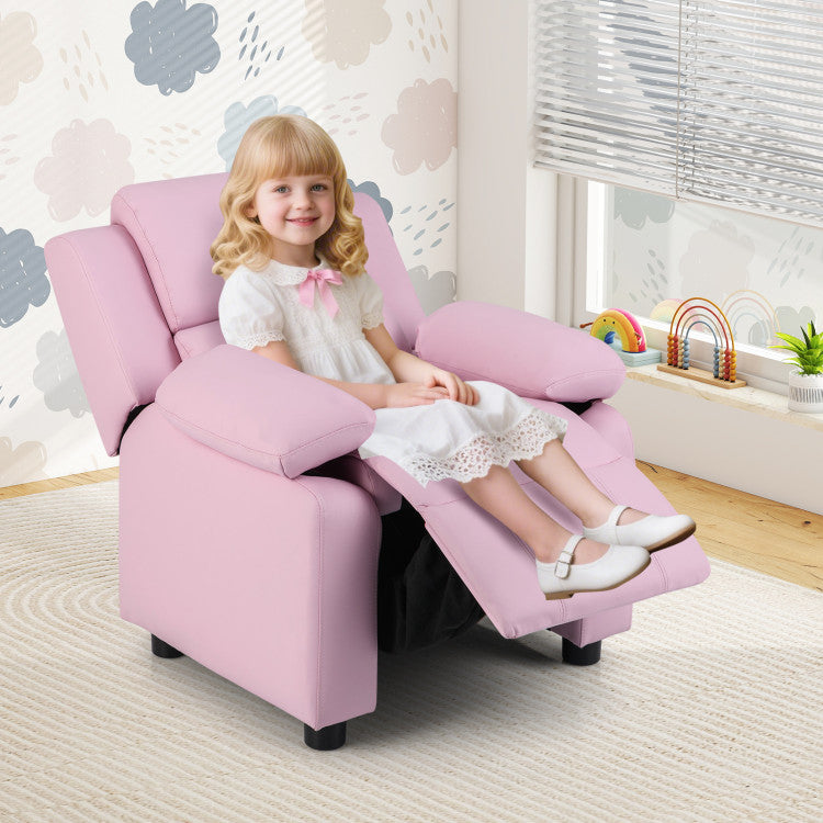 Children’s recliner chair with storage arms and cup holders in soft pink color