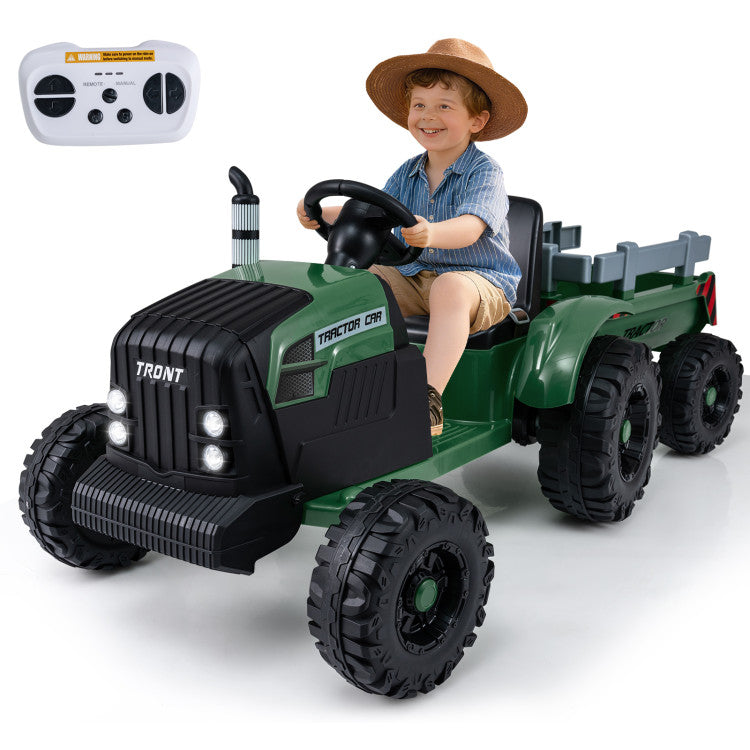 Battery powered kids tractor with detachable trailer